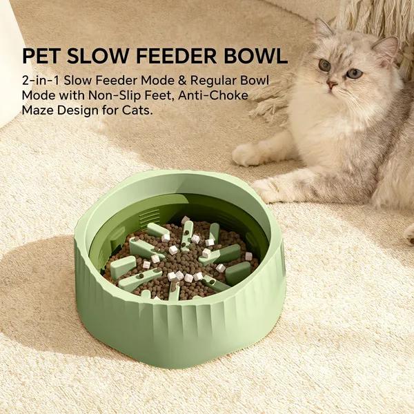 ชามอาหารคู่สำหรับสัตว์เลี้ยง สีเขียว ปรับโหมดกินช้า (Slow Feeder)