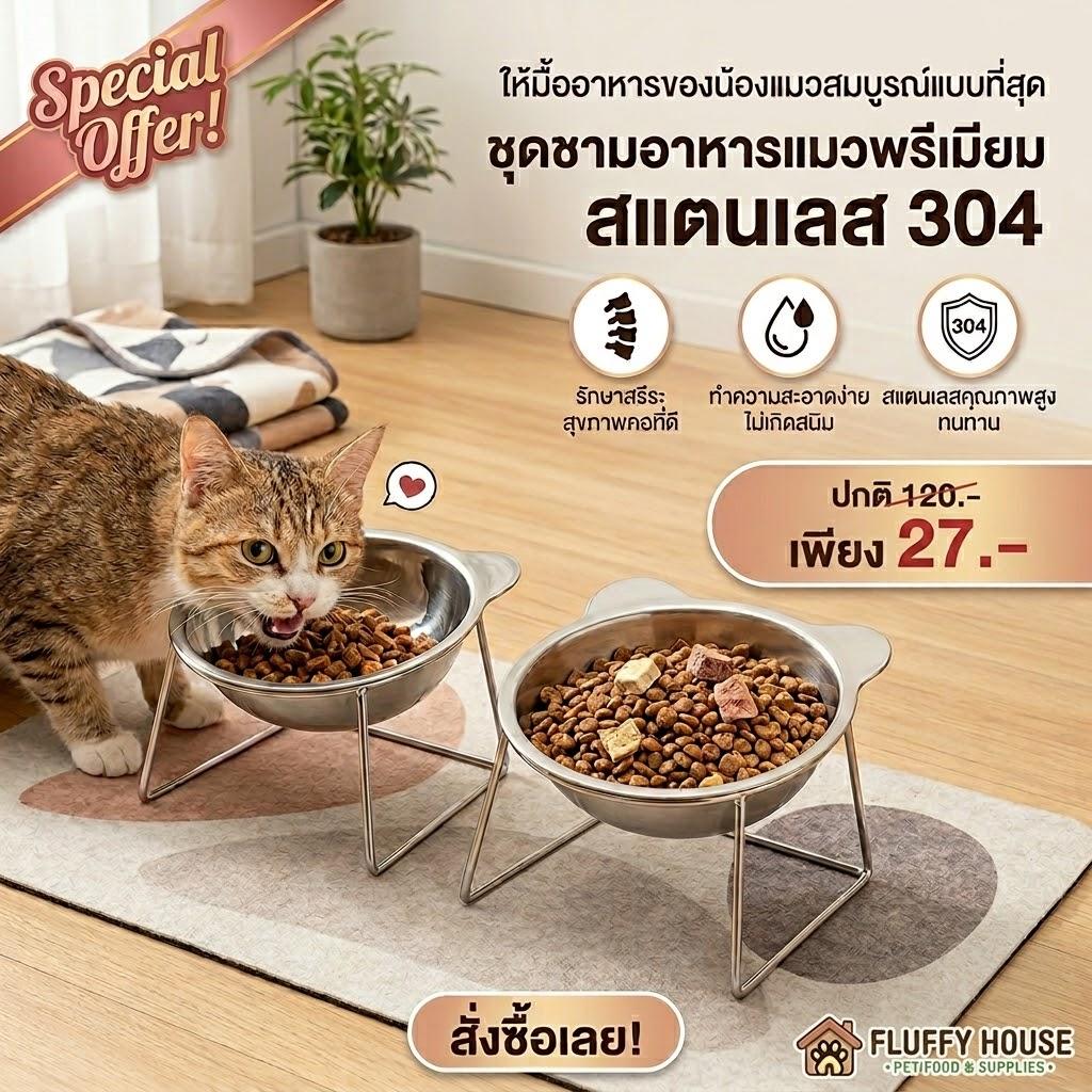 ชามสเตนเลส (304) สำหรับให้ อาหารและน้ำ สัตว์เลี้ยง
